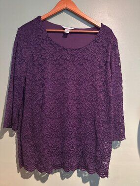 CJ Banks Women’s Plus Size 1X Purple Lace Blouse Elegant Classic Chic old money